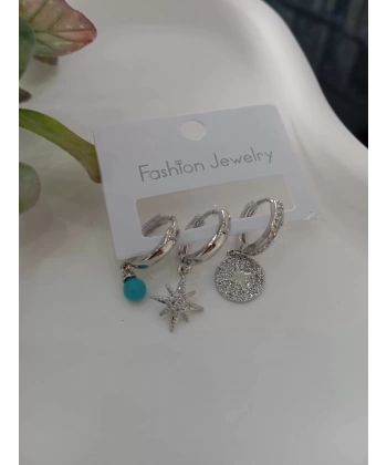 Mavi Boncuk Detaylı Üçlü Vip Küpe Seti