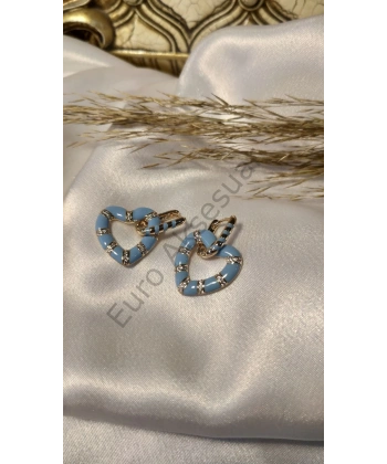 Mavi Kalp Detaylı Çift Kombinli Küpe