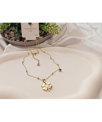 Nazar Boncuklu Yonca Figürlü 14 K Kaplama Çelik Kolye