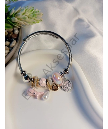 Pembe Dinazor Detaylı Charm Bileklik