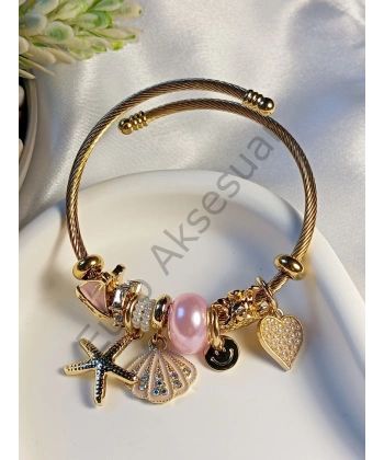 Pembe - Gold Deniz Yıldızı Detaylı Charm Bileklik