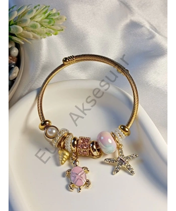 Pembe Kaplumbağa Detaylı Çelik Charm Bileklik