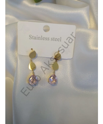 Pembe Taşlı Çelik Küpe