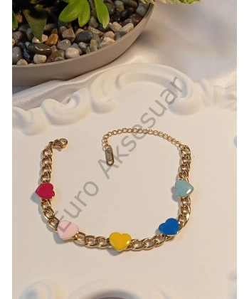 Renkli Kalp Detaylı Çelik Bileklik