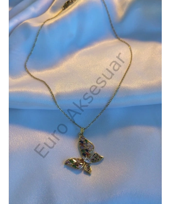 RENKLİ TAŞLI KELEBEK FİGÜRLÜ ÇELİK KOLYE