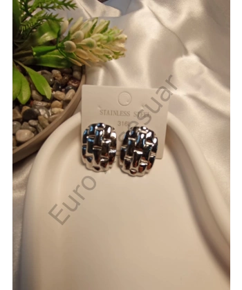 Silver Büyük Boy Hasır Detaylı Çelik Küpe