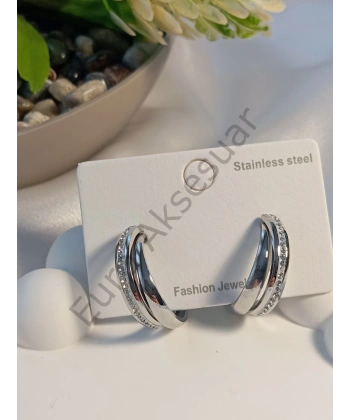 Silver Taş Detaylı Çelik Küpe