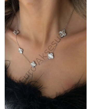 Silver Yonca Detaylı Çelik Kolye