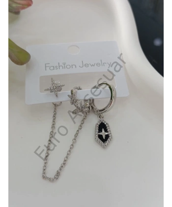 Silver Zincir Detaylı Vip Üçlü Küpe