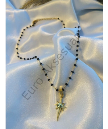 Siyah Boncuklu Kutup Yıldızı Detaylı Çelik Kolye