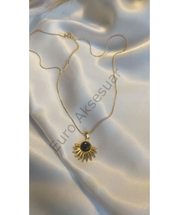 Siyah Doğal Taş Detaylı Çelik Kolye