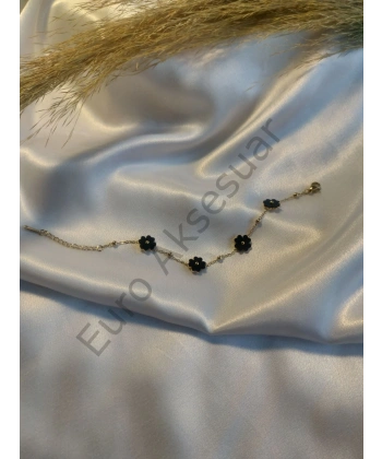 Siyah Yonca Detaylı Çelik Bileklik