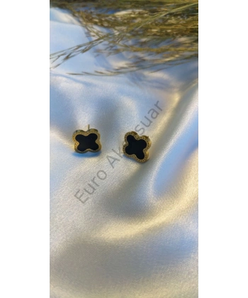 Siyah Yonca Detaylı Çelik Küpe