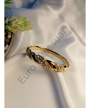 Taş Detaylı Desenli Çelik Kelepçe Bileklik