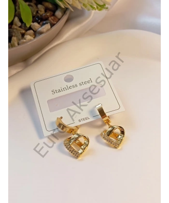 Taşlı Kalp Detaylı Çelik Küpe