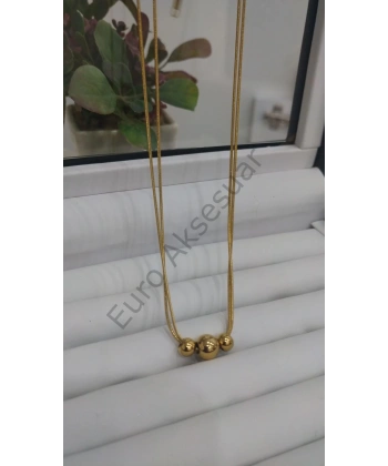 Top Detaylı Çift Zincirli Gold Çelik Kolye