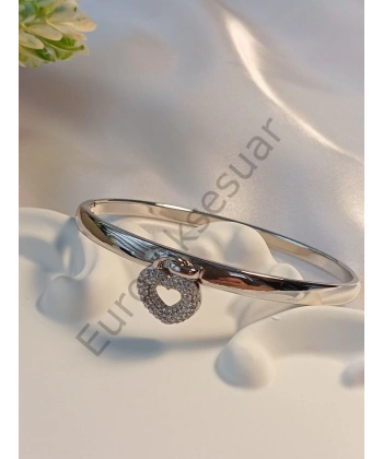 Vip Silver Kalp Detaylı Kelepçe Bileklik