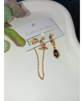 Zincir Detaylı Rose Üçlü Küpe Seti