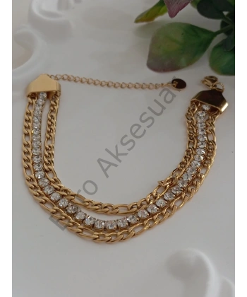 Zirkon Taş Detaylı Zincir Detaylı Çelik Bileklik