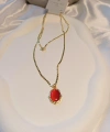 60 cm Kırmızı Taş Detaylı Pul Zincirli Çelik 14 K Kaplama Kolye