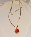 60 cm Kırmızı Taş Detaylı Pul Zincirli Çelik 14 K Kaplama Kolye