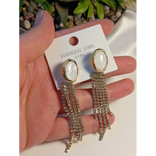 Zirkon Taşlı Opal Taş Detaylı Abiye Çelik Küpe