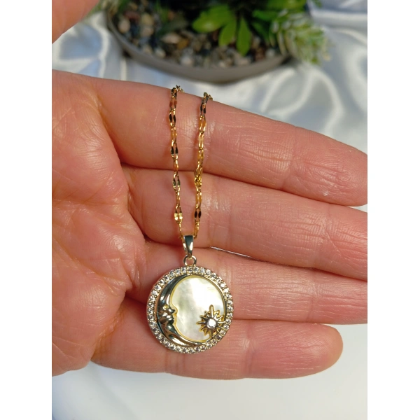 14 K Kaplama Çelik Sedefli Ay Yıldız Detaylı Kolye