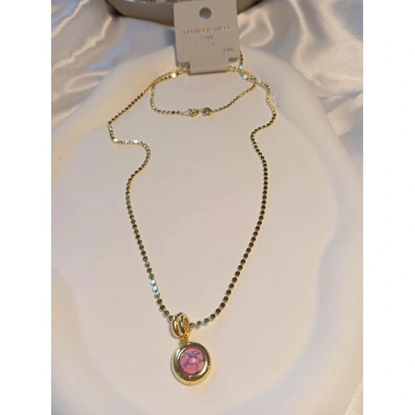 14 K Kaplama Ezme Zincir Detaylı Pembe Renkli Çelik Kolye