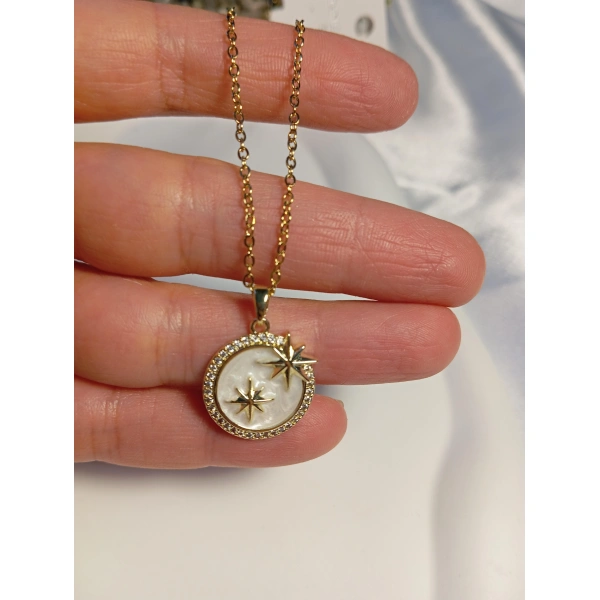 Zirkon Taş Detaylı Kutup Yıldızı Figürlü 14 K Kaplama Çelik Kolye