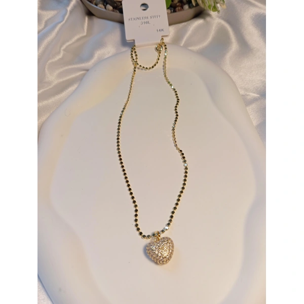 14 K Çelik Ezme Zincirli Kalp Detaylı Kolye