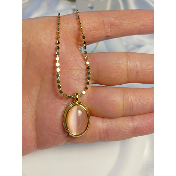 14 K Kaplama 60 cm Ezme Zincir Detaylı Pembe Taşlı Çelik Kolye