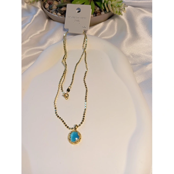14 K Kaplama 60 cm Mavi Taş Detaylı Çelik Kolye