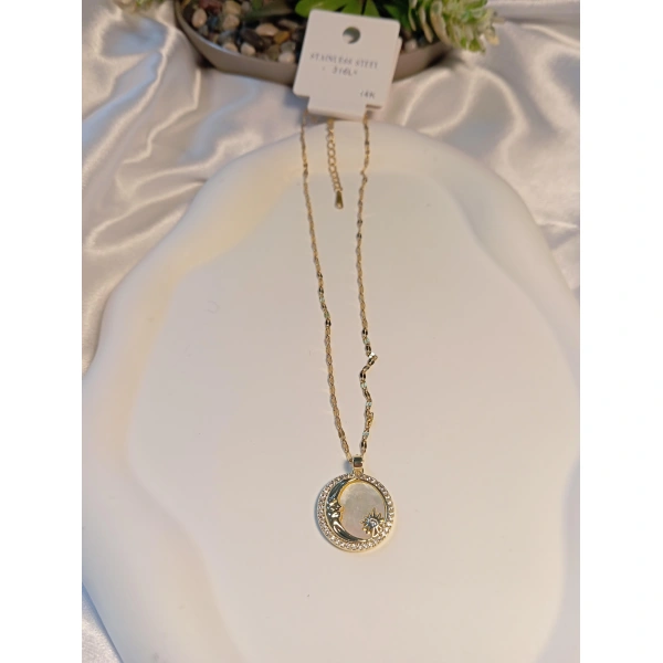 14 K Kaplama Çelik Sedefli Ay Yıldız Detaylı Kolye