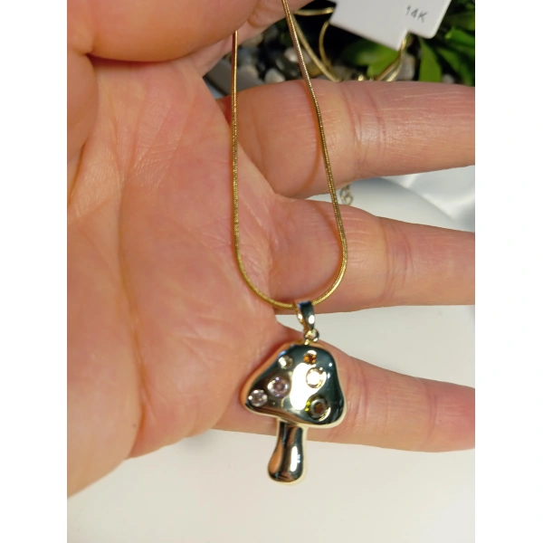 14 K Kaplama Mantar Figürlü Çelik Kolye