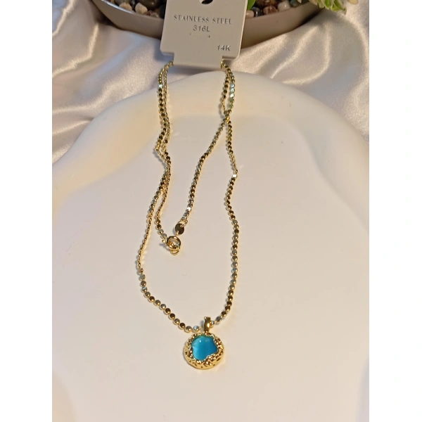 14 K Kaplama 60 cm Mavi Taş Detaylı Çelik Kolye