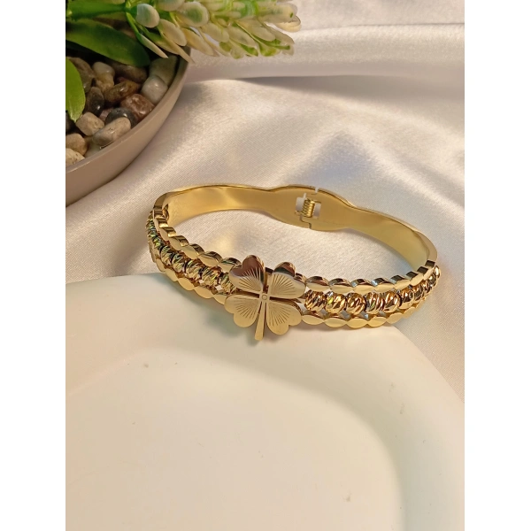 14K Yonca Detaylı Dorikalı Çelik Kelepçe Bileklik