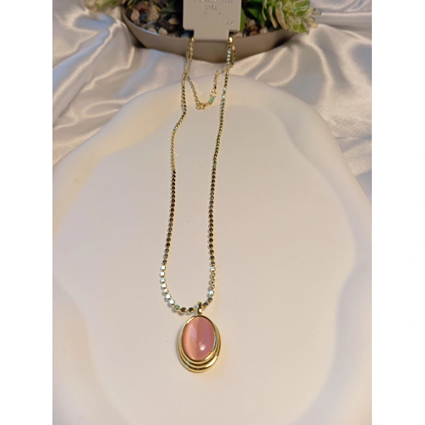 14 K Kaplama 60 cm Ezme Zincir Detaylı Pembe Taşlı Çelik Kolye