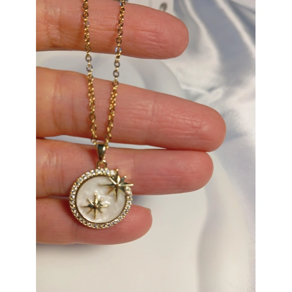 Zirkon Taş Detaylı Kutup Yıldızı Figürlü 14 K Kaplama Çelik Kolye