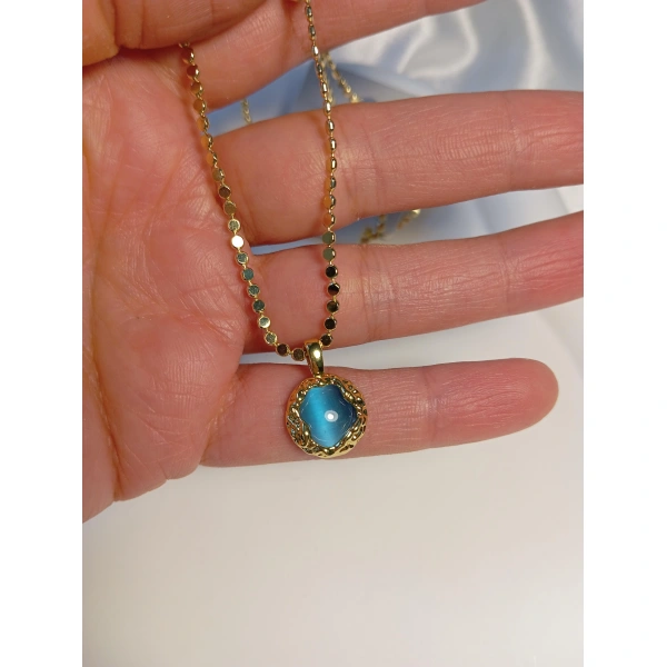 14 K Kaplama 60 cm Mavi Taş Detaylı Çelik Kolye