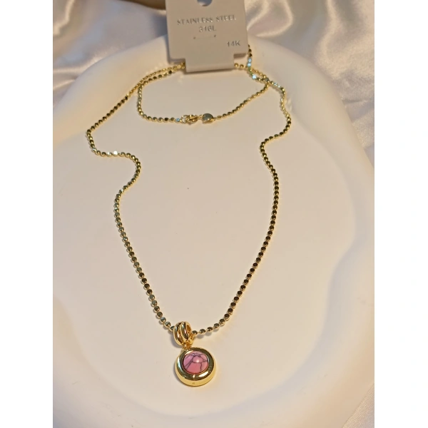 14 K Kaplama Ezme Zincir Detaylı Pembe Renkli Çelik Kolye