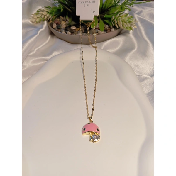 Pembe Mantar Detaylı Çelik Kolye