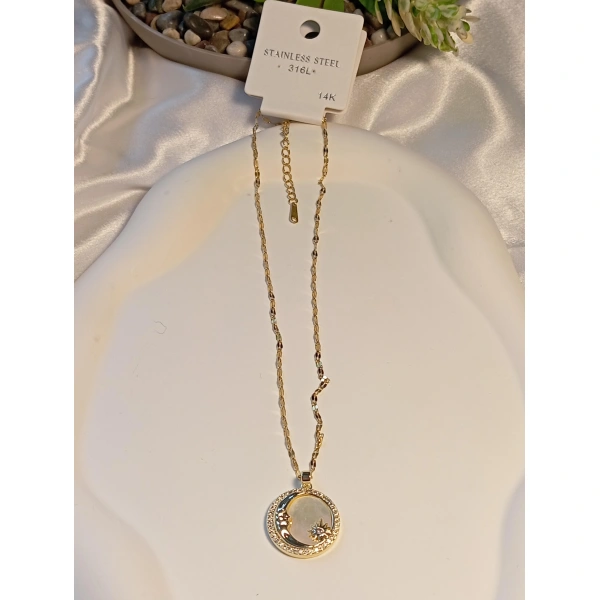 14 K Kaplama Çelik Sedefli Ay Yıldız Detaylı Kolye