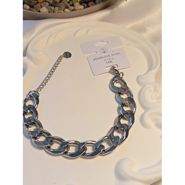 Silver Renk Çelik Kalın Zincir Detaylı Bileklik