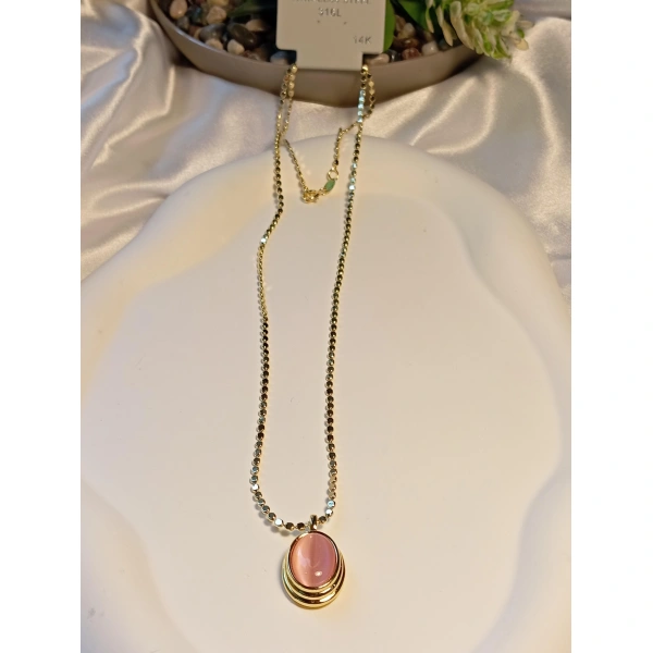 14 K Kaplama 60 cm Ezme Zincir Detaylı Pembe Taşlı Çelik Kolye
