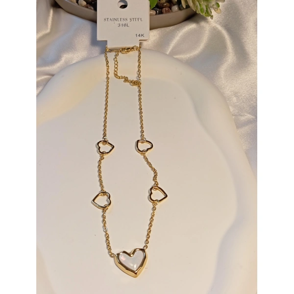 Kalp Detaylı Çelik Kolye 14 K Kaplama