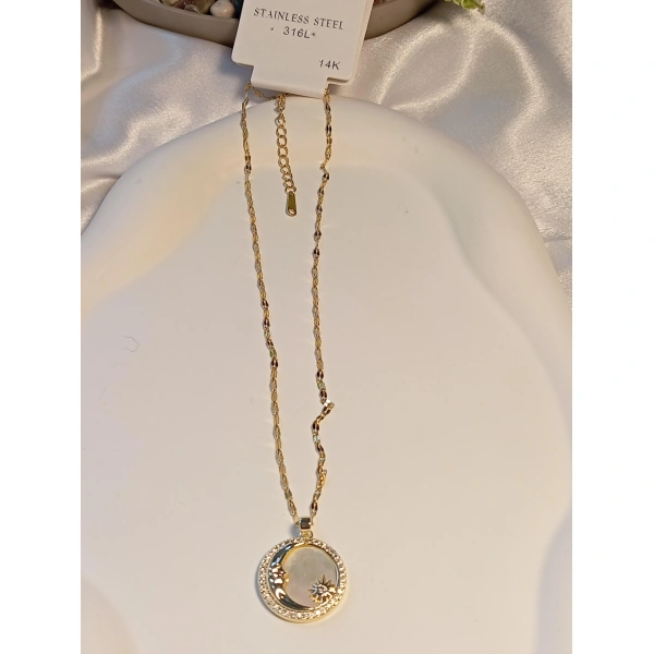 14 K Kaplama Çelik Sedefli Ay Yıldız Detaylı Kolye