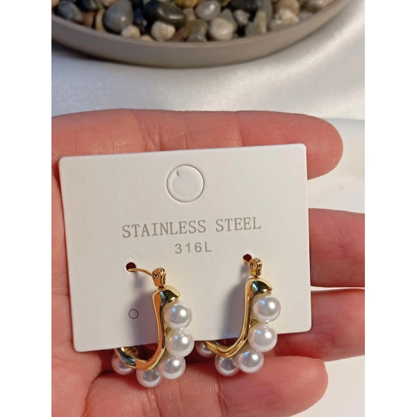 İnci Detaylı Şık Çelik Küpe