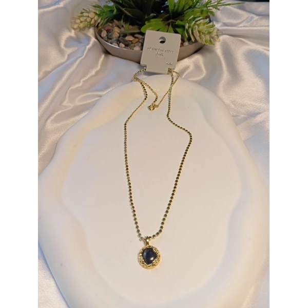 14 K Kaplama Ezme Zincir Detaylı Minimal Siyah Taşlı Çelik Kolye