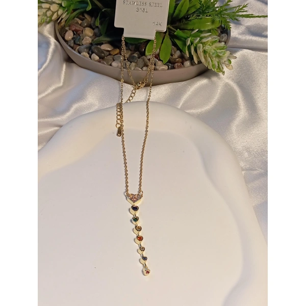 Renkli Zirkon Taş Detaylı Element Çelik Kolye