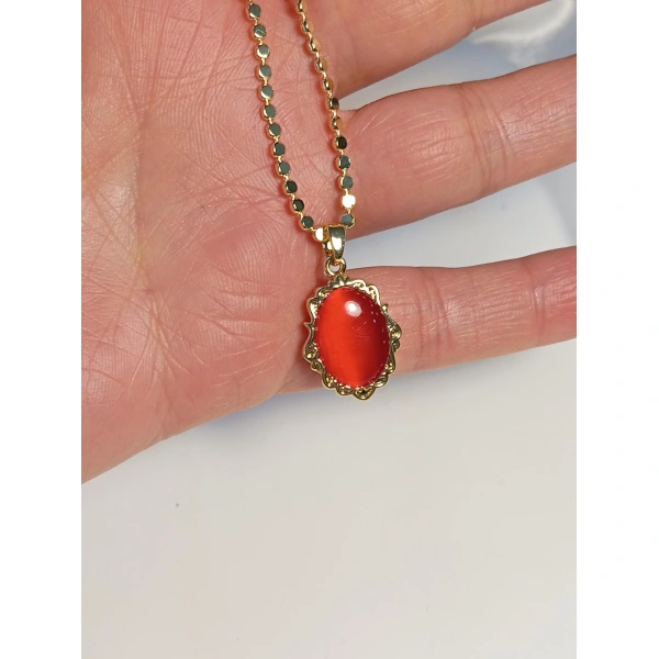 60 cm Kırmızı Taş Detaylı Pul Zincirli Çelik 14 K Kaplama Kolye